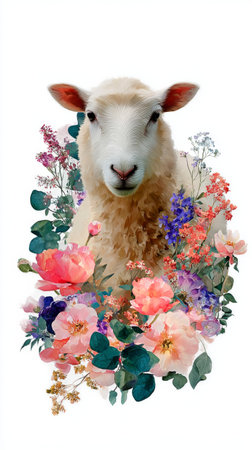 A sheep with a unique floral design featuring various colorful flowers. This creative artwork blends nature with animal representation, showing beauty in simplicity.の素材