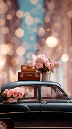 A classic car adorned with vibrant flowers and stacked suitcases sits peacefully on a charming street. Soft bokeh lights create a warm, inviting atmosphere in the early evening.の素材