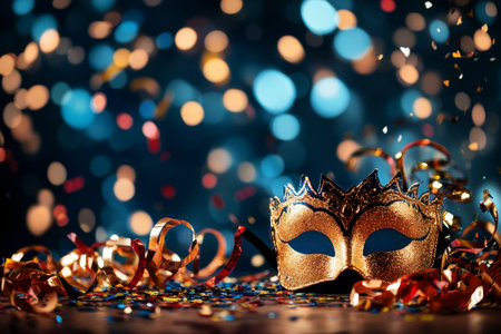 Intricate golden mask lies on a table covered in vibrant confetti and shiny streamers, illuminated by soft bokeh lights during a festive celebration.の素材