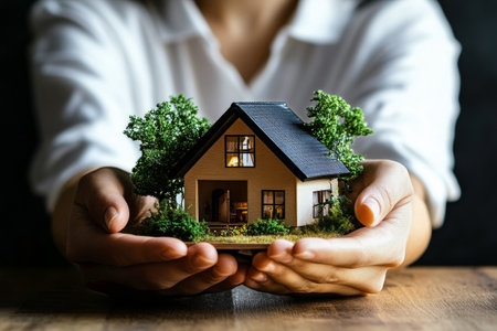A person gently holds a small model of a house surrounded by miniature trees on a wooden table, creating a warm and inviting atmosphere in a comfortable indoor environment.の素材