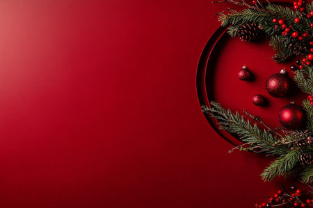 Red ornaments and pine branches create a festive arrangement on a textured red background, perfect for holiday decor and celebrations during the Christmas season.の素材