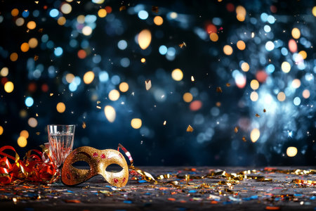 Intricate golden mask lies on a table covered in vibrant confetti and shiny streamers, illuminated by soft bokeh lights during a festive celebration.の素材