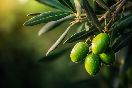 Green olives are seen ripening on a branch, surrounded by lush leaves. The sun casts a warm glow, enhancing the freshness of the olives in this tranquil olive grove during late afternoon.の素材