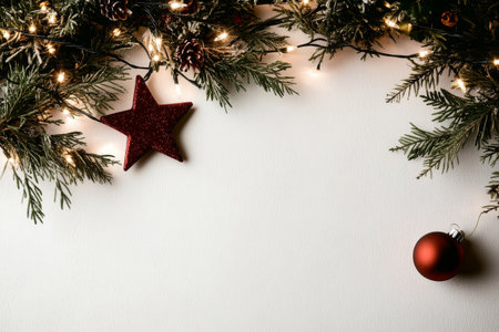 Bright red baubles and a decorative star are surrounded by pine branches and pine cones, creating a festive holiday atmosphere perfect for seasonal celebrations.の素材