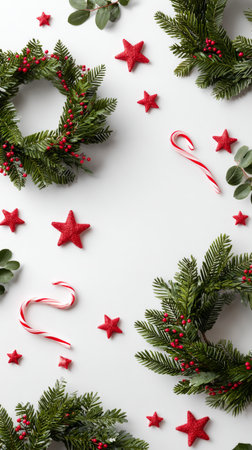 Colorful holiday decorations feature mini wreaths and red stars scattered among striped candy canes on a bright background, creating a joyful festive atmosphere.の素材