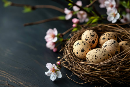 A cozy nest contains five speckled eggs, surrounded by soft cherry blossom flowers on a dark wooden surface, creating a warm and inviting atmosphere during spring.の素材