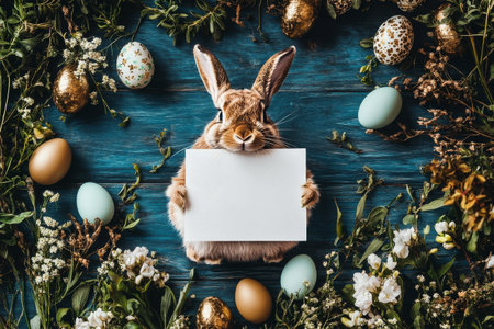 A brown rabbit sits beside colorful Easter eggs arranged with greenery on a rustic wooden table, creating a festive atmosphere perfect for spring celebrations.の素材