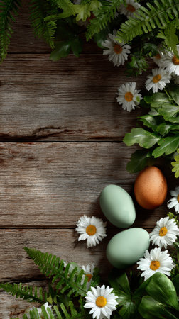Colorful eggs are placed on a rustic wooden surface surrounded by white daisies and lush green leaves. This arrangement evokes a festive atmosphere in spring.の素材