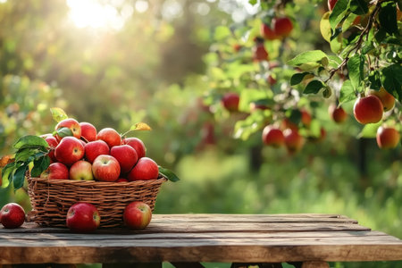 A basket overflowing with ripe red apples rests on a wooden table. Behind it, apple trees bask in the warm glow of a sunset, creating a serene orchard atmosphere.の素材