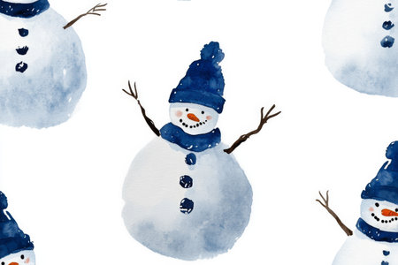 Snowmen with blue hats and scarves are depicted in a playful design. Each snowman has a cheerful expression, standing against a white background, perfect for winter-themed decoration.の素材