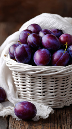 A woven basket filled with plump, ripe plums rests on a rustic wooden table. The vibrant purple fruits are nestled in a soft cloth, showing their freshness and color.の素材