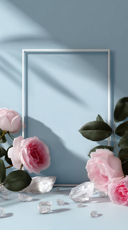 Delicate pink roses surround a minimalist white frame against a soft blue backdrop, creating an elegant and serene display perfect for a charming home decor setting.の素材