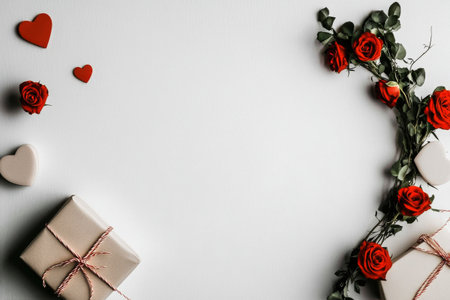 Red roses and heart-shaped decorations surround beautifully wrapped gifts on a light background, creating a romantic atmosphere perfect for celebrations or anniversaries.の素材