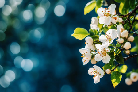Delicate white flowers bloom on a branch, contrasting beautifully with a soft blue background filled with bokeh. The scene captures the freshness and vitality of spring.の素材