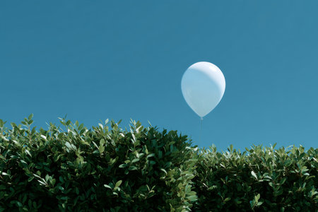 A solitary blue balloon rises above a lush green hedge, contrasting against the clear blue sky, capturing a sense of calm and whimsy during the day.の素材