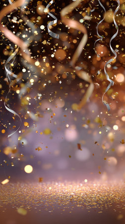 Golden confetti and streamers cascade through the air, creating a festive atmosphere. The background is softly blurred, adding to the celebratory mood of the event.の素材
