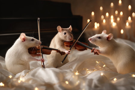 Three white rats skillfully play violins, surrounded by warm fairy lights and soft fabric. The cozy environment creates a whimsical and charming atmosphere.の素材