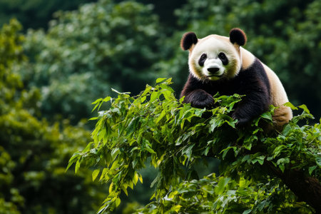 A panda lounges comfortably on a tree branch, surrounded by vibrant green foliage. The peaceful atmosphere highlights the animals relaxed demeanor in its natural habitat.の素材