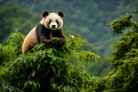 A panda rests comfortably on a tree branch, surrounded by vibrant green foliage. The serene setting showcases the animals playful nature in their natural habitat.の素材