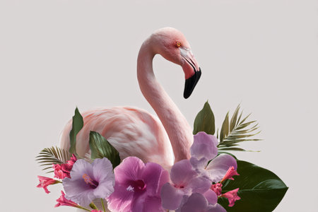 This scene showcases a graceful pink flamingo standing amidst a variety of colorful flowers and green leaves, creating a tropical atmosphere.の素材