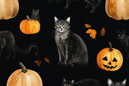 Colorful black cats sit beside bright orange pumpkins on a dark background, enhancing the spirit of Halloween. Autumn leaves add a seasonal touch to the arrangement.の素材