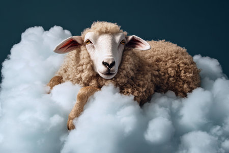A sheep lounges comfortably on a bed of white clouds, basking in the warmth of sunlight under a clear blue sky. This tranquil moment captures natures harmony and serenity.の素材
