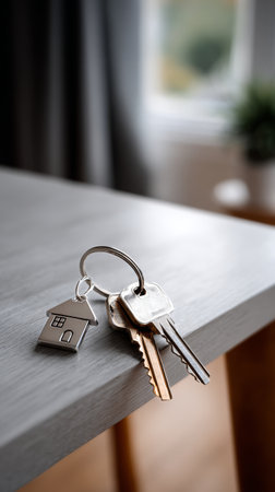 A small model house sits next to a set of keys on a table. Soft lighting and a blurred background create a warm, inviting atmosphere in a stylish interior.の素材