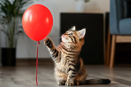 A playful kitten reaches out to a bright red balloon in a cozy living room setting. Natural light fills the space, highlighting the kittens fluffy fur and curious expression.の素材