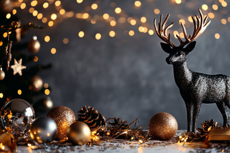 A black reindeer figurine stands next to shimmering ornaments, pine cones, and twinkling lights, creating a cozy holiday atmosphere perfect for celebration and decoration.の素材