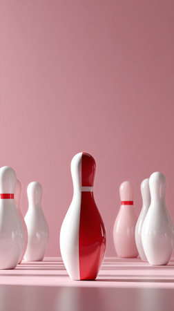 Several bowling pins are displayed on a pink surface, emphasizing a striking red pin among the white ones. The light creates a soft shadow, enhancing the playful atmosphere..の素材