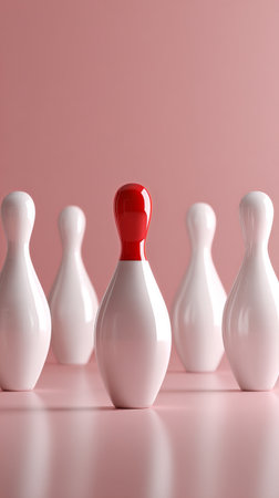 A set of bowling pins stands ready for a game, with one pin highlighted in pink and red against a soft pink backdrop, emphasizing a playful atmosphere..の素材