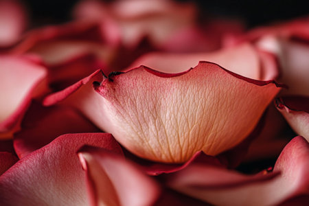 Delicate pink rose petals lie intertwined on a dark backdrop, providing a serene and romantic ambiance perfect for celebrations or special occasions..の素材