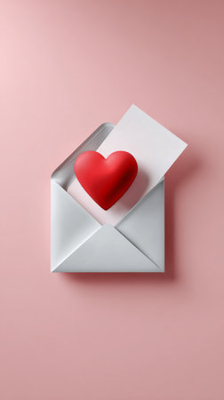 A bright red heart sits within a white envelope, accompanied by a small card. The soft pink background enhances the romantic and playful atmosphere.の素材