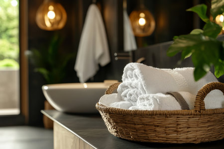 Soft white towels sit neatly in a woven basket by a stylish sink in a serene bathroom, illuminated by natural light and complemented by surrounding plants.の素材