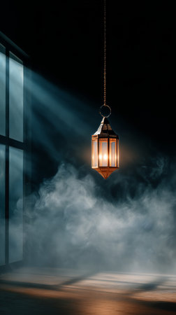 A decorative lantern hangs gracefully, casting warm light amidst swirling fog in an indoor environment. The ambiance is serene and mysterious, creating an inviting atmosphere..の素材