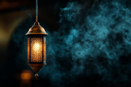 A bronze lantern casts a warm glow in a dimly lit, smoky environment, creating an inviting and mysterious ambiance at dusk..の素材