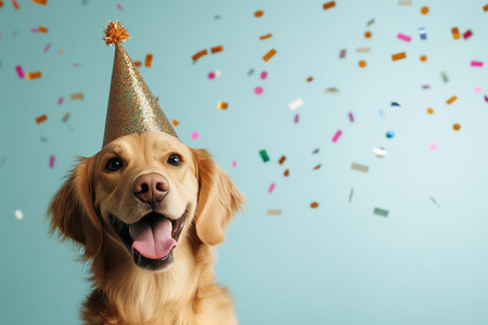 A happy golden retriever wearing a shiny party hat smiles joyfully as colorful confetti falls around, creating a lively celebration atmosphere, perfect for special occasions.の素材