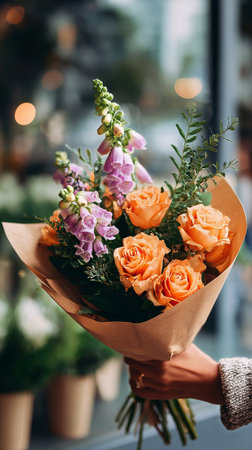 A person holds a stunning bouquet featuring vibrant orange roses and delicate purple flowers in front of a flower shop. Natural light enhances the lovely colors and atmosphere.の素材