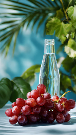 Juicy red grapes lie next to a clear bottle filled with water, surrounded by lush greenery under bright sunlight in a charming vineyard..の素材