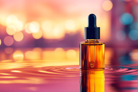 An amber dropper bottle stands in calm water, capturing warm sunset hues. Bokeh lights in the background add a dreamy quality to the setting, enhancing the tranquil atmosphere.の素材