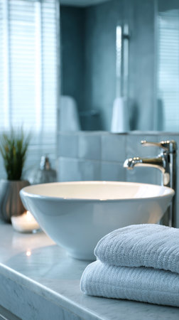A stylish bathroom showcases a contemporary sink, complemented by a folded towel and soft lighting, creating a calming and inviting atmosphere..の素材