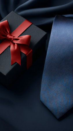 A sophisticated arrangement showcasing a gift box wrapped in red ribbon beside a formal tie, set against a rich, dark fabric background, creating a festive atmosphere..の素材