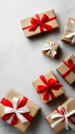 A collection of elegantly wrapped gifts in various sizes adorned with red and white ribbons, perfect for festive occasions and celebrations, displayed on a light gray background..の素材
