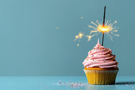 A beautifully decorated cupcake featuring swirls of pink frosting and a sparkling candle placed on top, showcasing a festive atmosphere against a light blue backdrop..の素材
