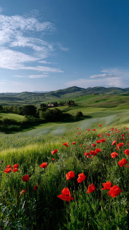Bright red poppy flowers fill the foreground against rolling green hills in Tuscany. A charming villa is nestled among the trees under a clear blue sky..の素材