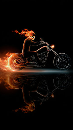 A rider on a motorcycle speeds through darkness, flames erupting from the wheels and helmet, creating a vibrant display of energy and motion that captivates the viewer.の素材