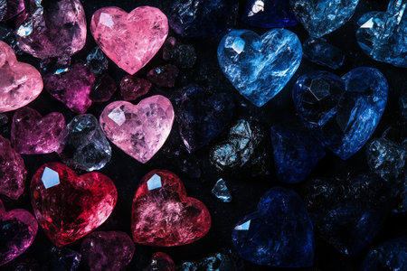 A variety of heart-shaped gemstones in vibrant colors rest together, reflecting light and creating an enchanting display. The assortment captivates with its rich textures and hues..の素材