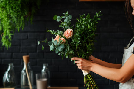 A woman skillfully holds a floral bouquet filled with white roses and greenery in a bright room with a dark brick wall. Glass jars are placed on a wooden table nearby..の素材