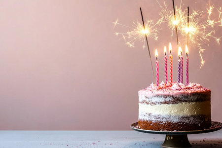 A delicious cake with pink and white layers is adorned with birthday candles and sparklers, creating a festive atmosphere for a joyful celebration.の素材