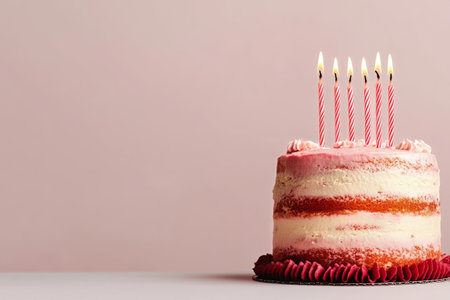 A beautifully layered cake topped with pink frosting and lit candles sits on a decorative plate against a soft pink background, ideal for a birthday or celebration..の素材
